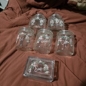 Vintage Ladies Vanity Floral Glass Bath Accessory Set